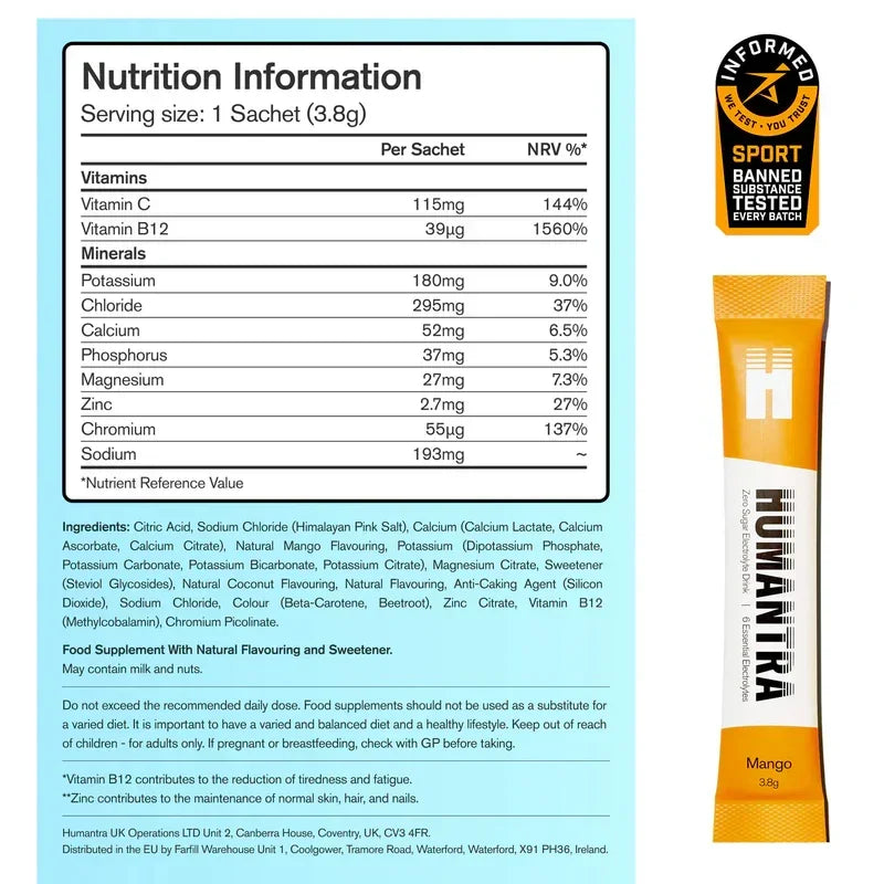 Humantra Mango Electrolyte Hydration Pack – Zero Sugar, 20 Servings, 72g