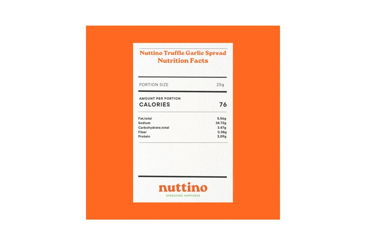 Nuttino Truffle Garlic Spread nutritional facts label with calories and macros on orange background
