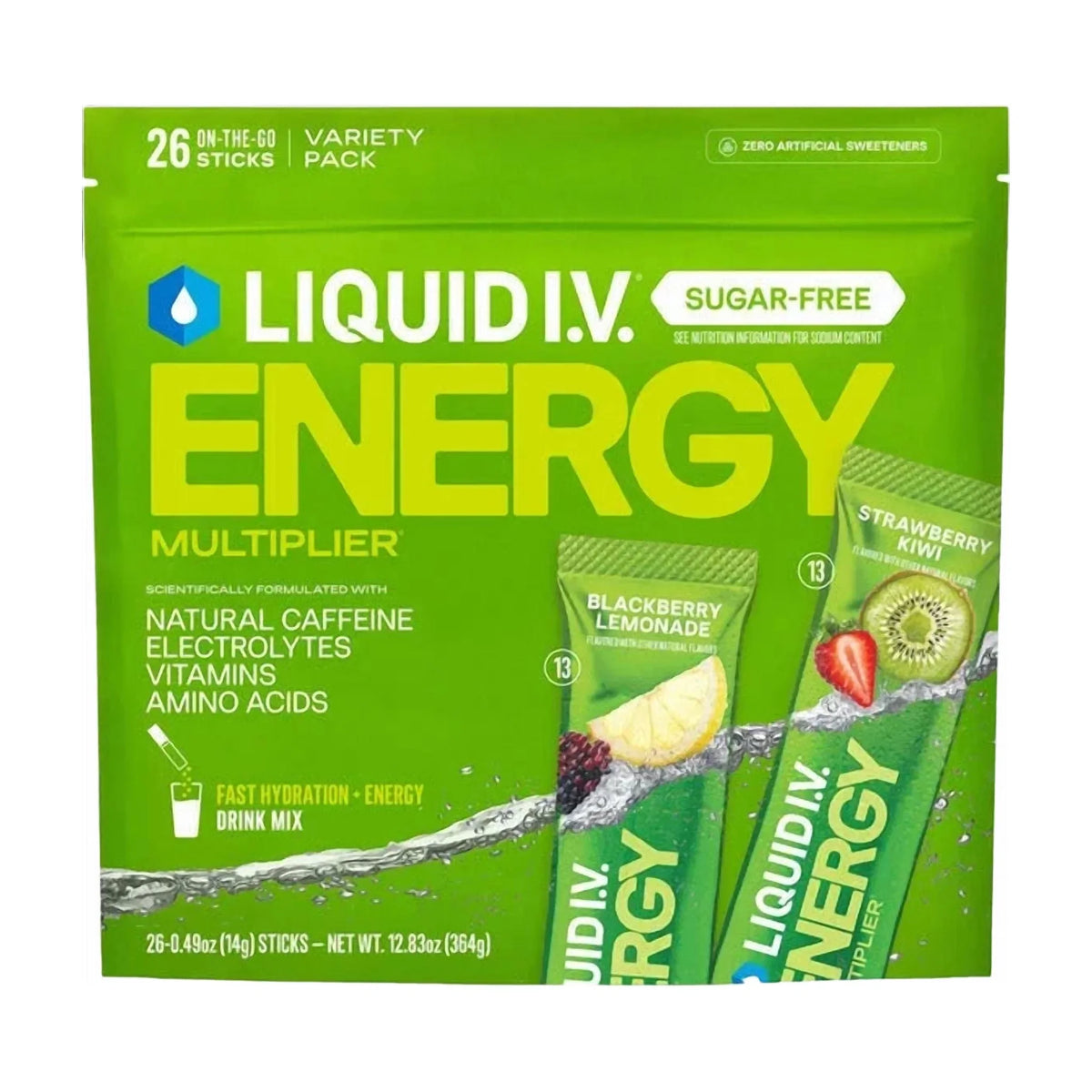 Liquid I.V. Energy Multiplier Sugar-Free Electrolyte Powder Variety Pack, Blackberry Lemonade and Strawberry Kiwi - 364g (26 pk)