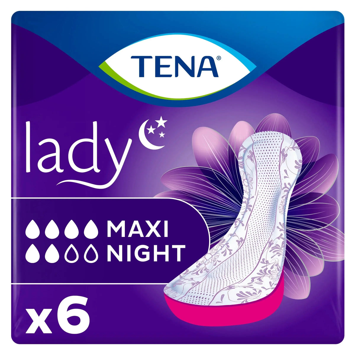 Tena Lady Maxi Night 6 Pads Odor Control 3X protection, Wider pack
