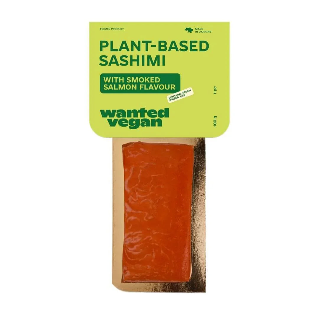 Wanted Vegan plant-based smoked salmon sashimi 100g in green and gold packaging, WELAZA UAE.