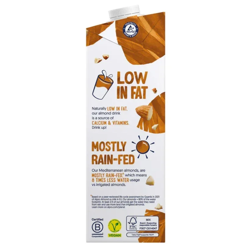 Almond drink carton highlighting low fat, vegan, mostly rain-fed, plant-based nutrition