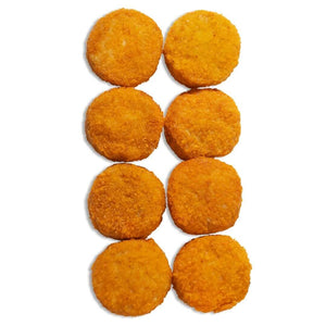 Eight breaded plant-based nuggets on white background, WELAZA vegan food UAE